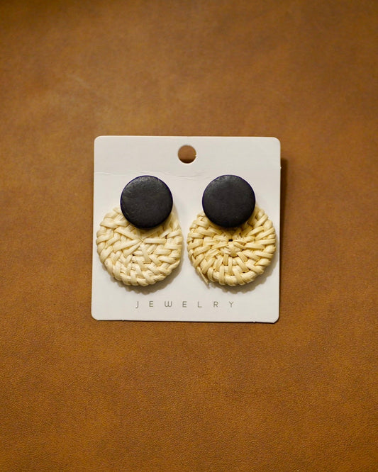 Circular Woven Wooden Earrings with Black